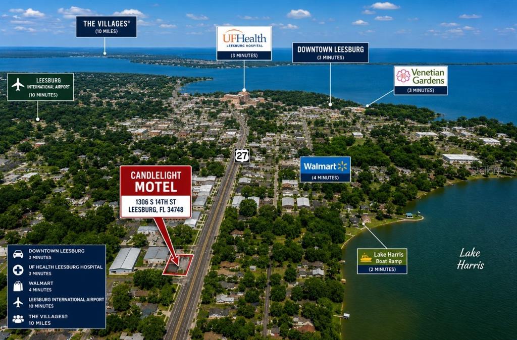 This aerial map shows the location of a motel relative to nearby landmarks and lakes — 1306 S 14TH STREET, LEESBURG, FL