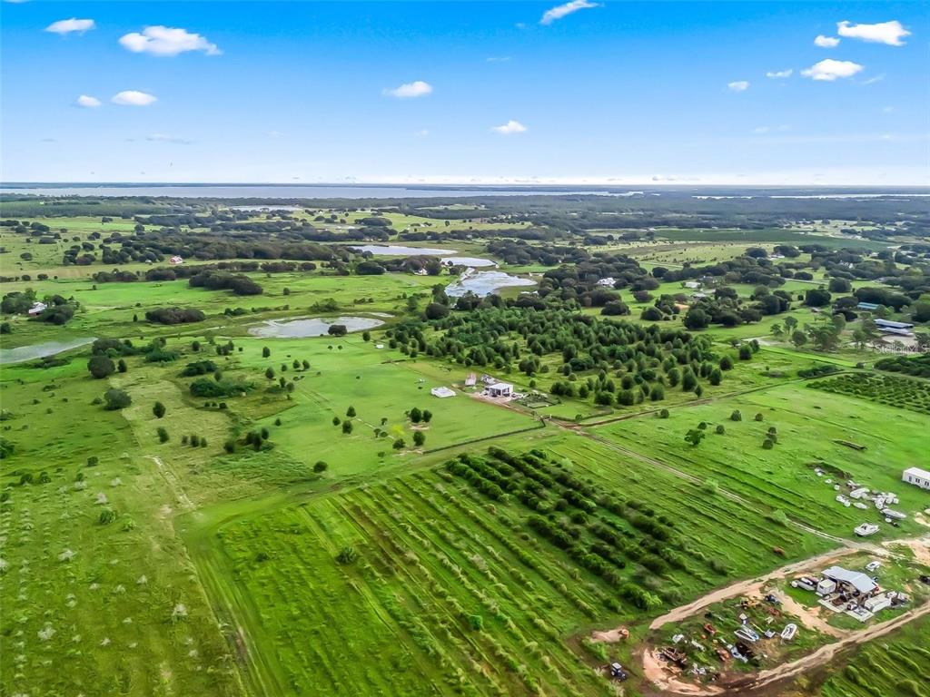 An aerial view of a large, rural property featuring green fields, scattered trees, and ponds — PUNKIN CENTER ROAD, LEESBURG, FL
