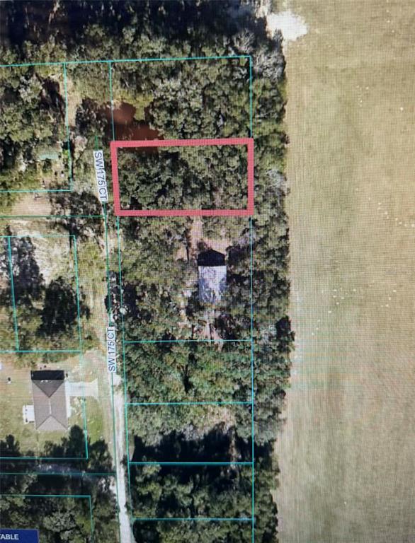 This is an aerial map showing a rectangular property lot outlined in red — 00 SW 175TH COURT, DUNNELLON, FL