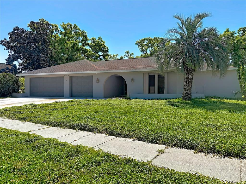 A single-story house with a two-car garage, arched entryway, and a large palm tree — 4072 BELMOOR DRIVE, PALM HARBOR, FL