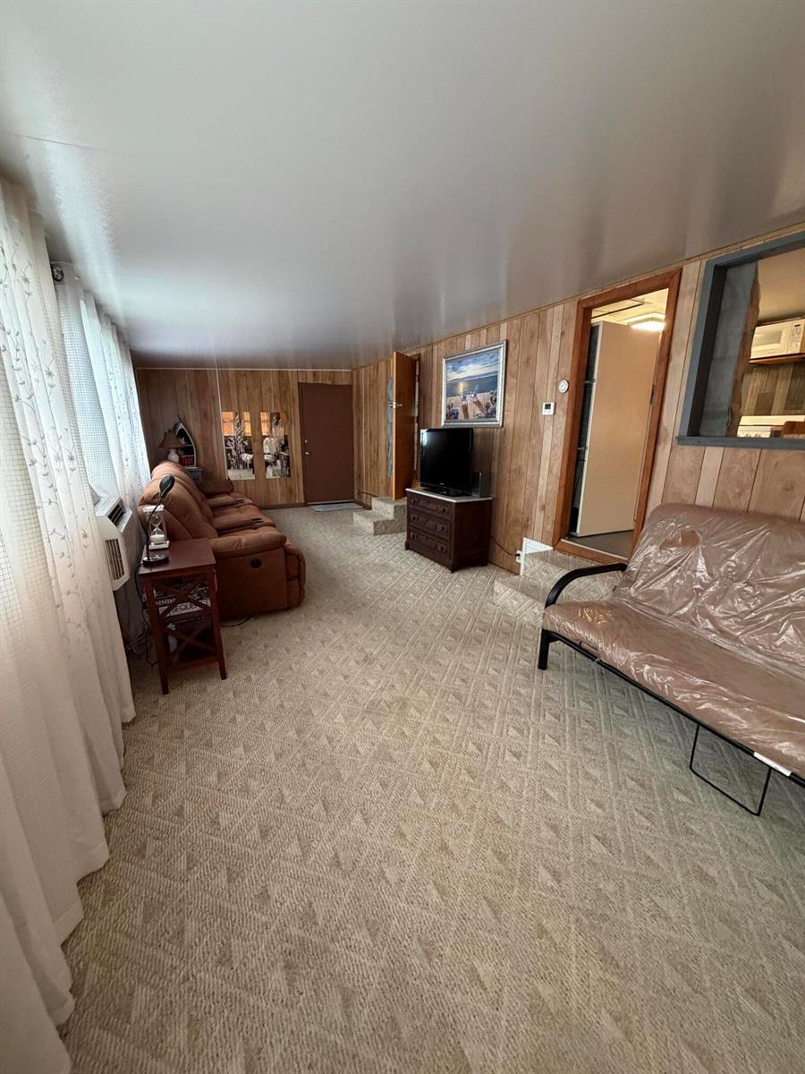 A living room features wood-paneled walls, beige patterned carpeting, a brown sofa, and a futon — 6511 SE 56th Street, Okeechobee FL 34974, OKEECHOBEE, FL