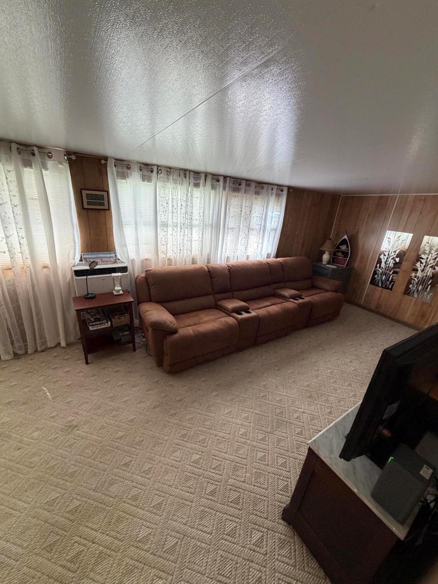 A living room features wood-paneled walls, a brown reclining sofa, and patterned wall-to-wall carpeting — 6511 SE 56th Street, Okeechobee FL 34974, OKEECHOBEE, FL
