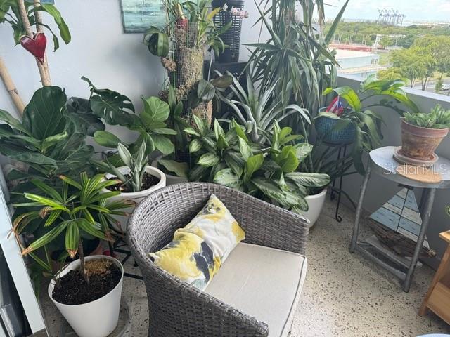A balcony features a wicker chair surrounded by numerous potted plants and a small table — 711 UNION STREET UNIT 8 N, SAN JUAN, PR