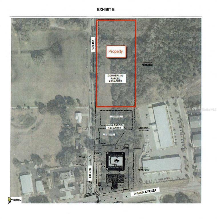 An aerial map shows a rectangular commercial parcel highlighted in red next to CR 468 — W. Main St & COUNTY ROAD 468, LEESBURG, FL