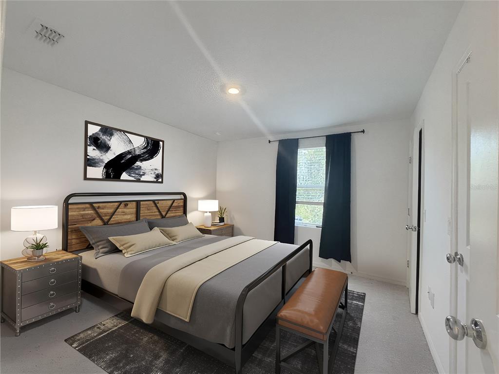 A bedroom features a metal-framed bed, two nightstands, a bench, and a window with curtains — 3093 SKYLINE LOOP, KISSIMMEE, FL