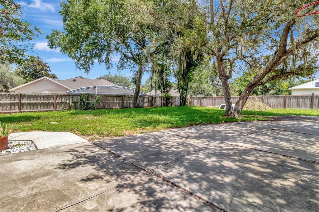 A concrete patio overlooks a grassy backyard enclosed by a wooden fence and large trees — 32917 FOREST AVENUE, LEESBURG, FL