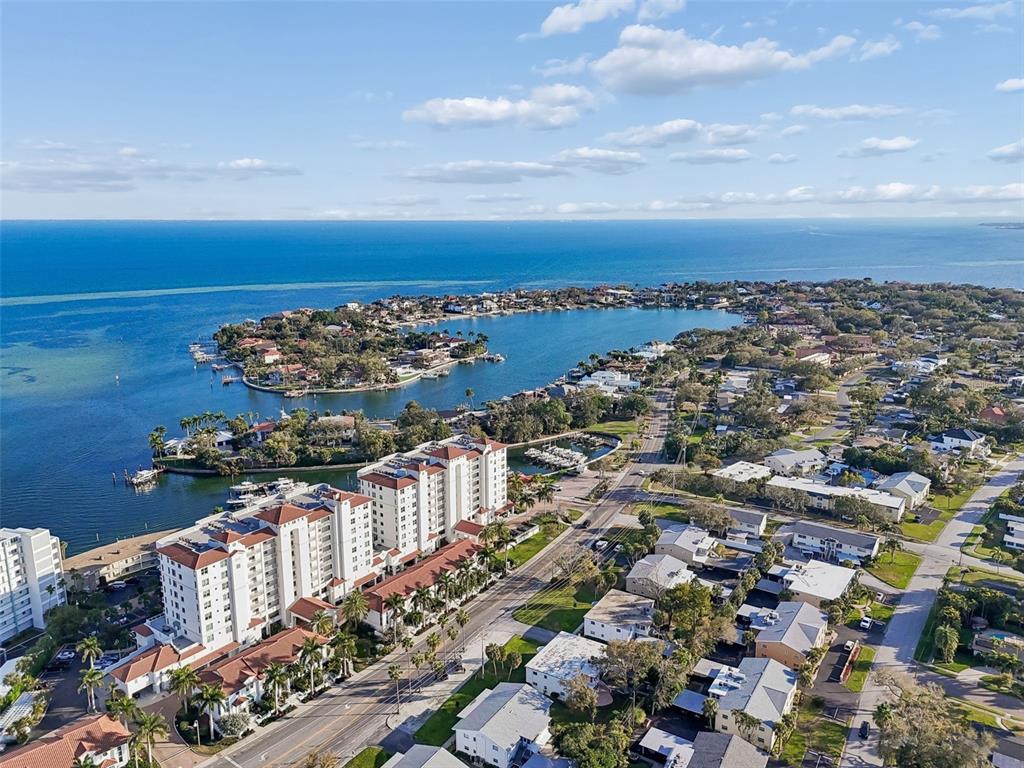 An aerial view shows a coastal neighborhood with high-rise condominiums, residential homes, and a bay — 1338 SNELL ISLE BOULEVARD NE UNIT 2, ST PETERSBURG, FL