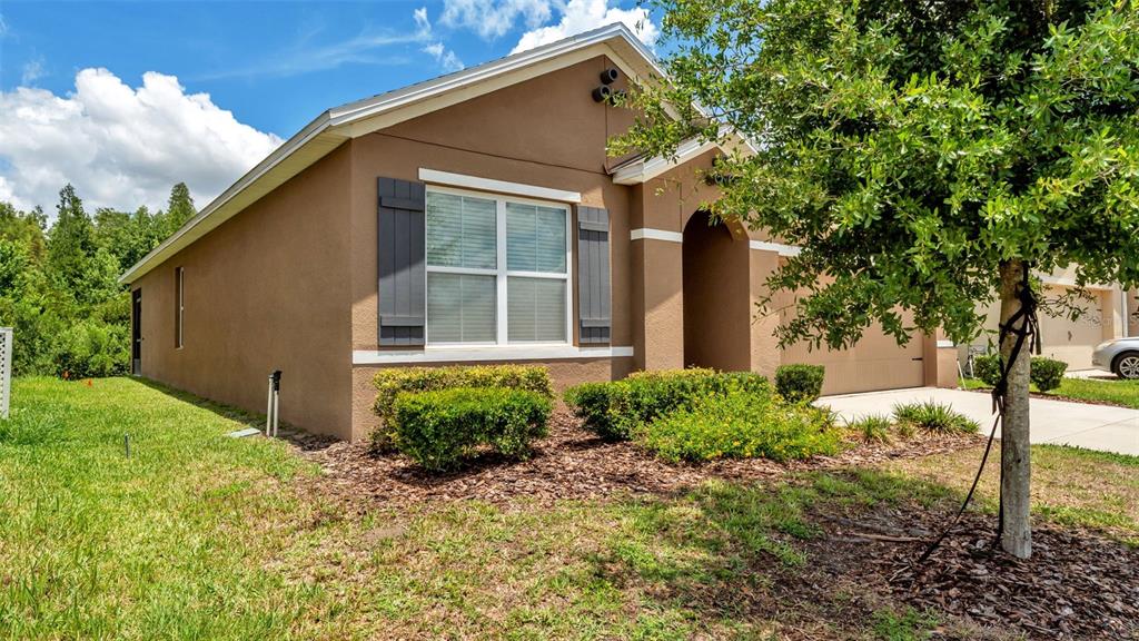 A tan, single-story house with a front-facing window, dark shutters, and a small tree — 2145 BLUE HIGHLANDS DRIVE, LAKELAND, FL
