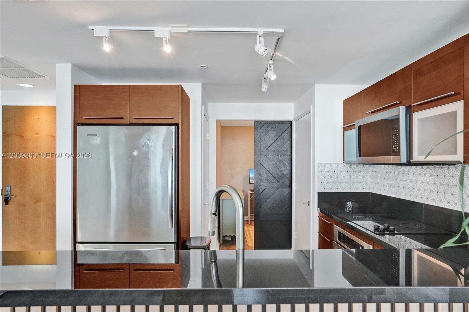 A kitchen features stainless steel appliances, dark wood cabinetry, black countertops, and a track lighting system — 244 Biscayne Blvd # 3409, Miami FL 33132, MIAMI, FL