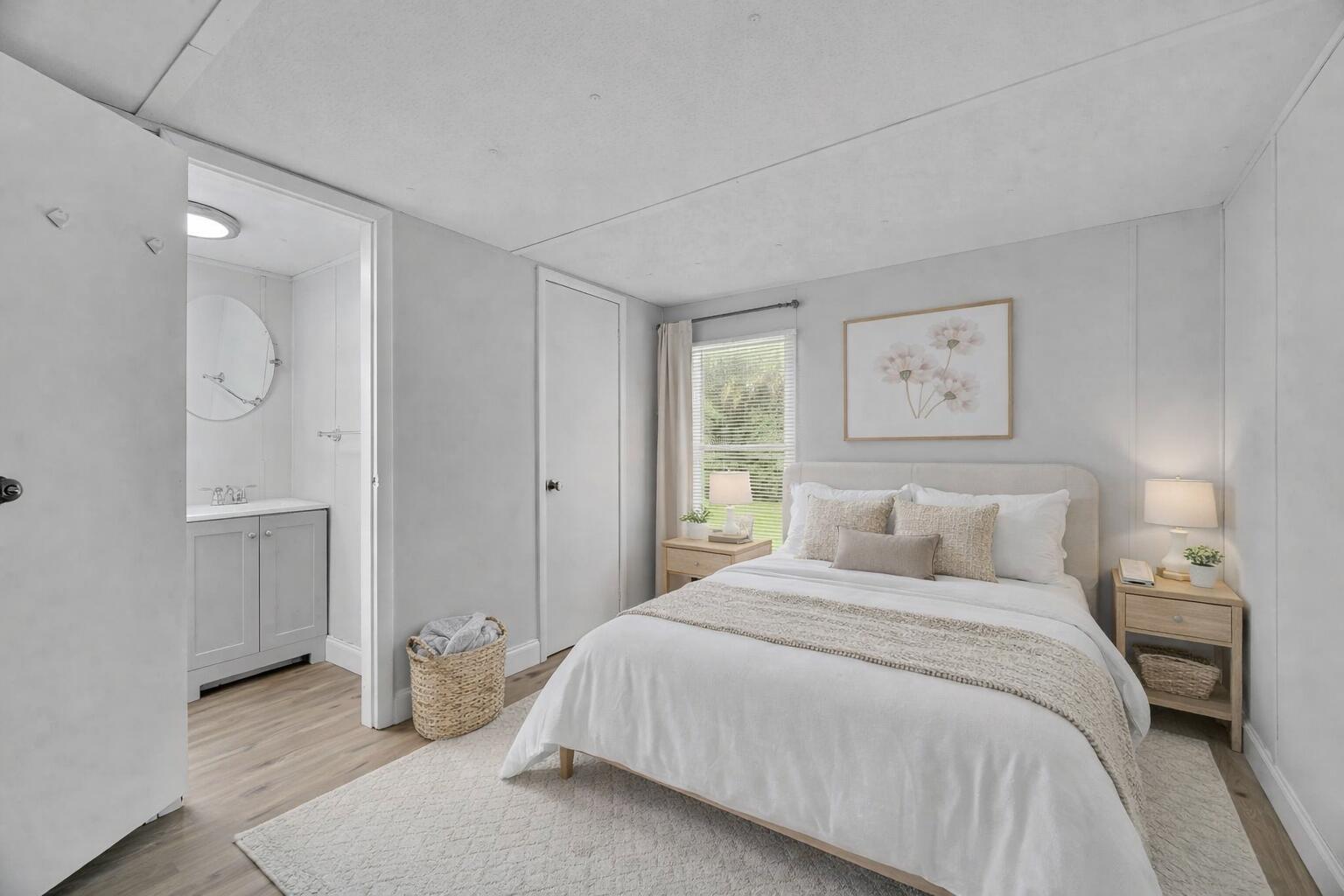 A bedroom with a queen bed, light wood nightstands, and an attached bathroom with vanity — 585 NW Avenue D, Moore Haven FL 33471, MOORE HAVEN, FL