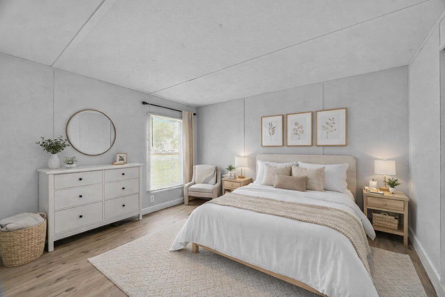 A bright bedroom features a white dresser, a bed with neutral bedding, and light wood flooring — 585 NW Avenue D, Moore Haven FL 33471, MOORE HAVEN, FL