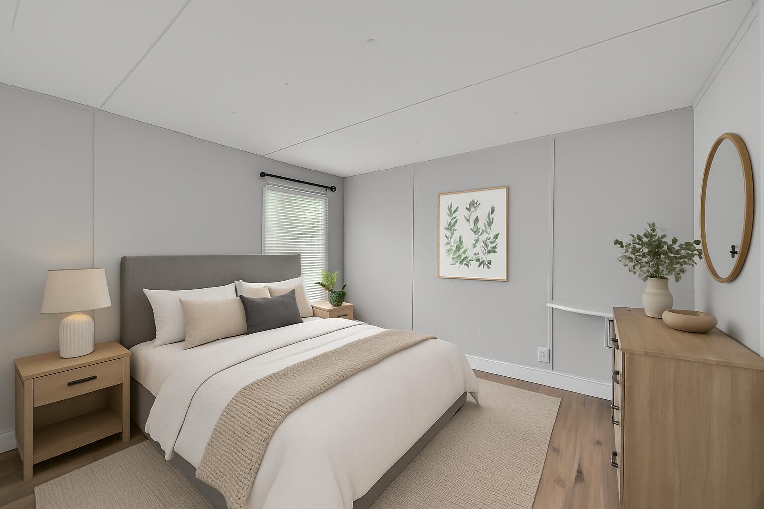This is a digital rendering of a modern bedroom with gray walls and light wood furniture — 585 NW Avenue D, Moore Haven FL 33471, MOORE HAVEN, FL