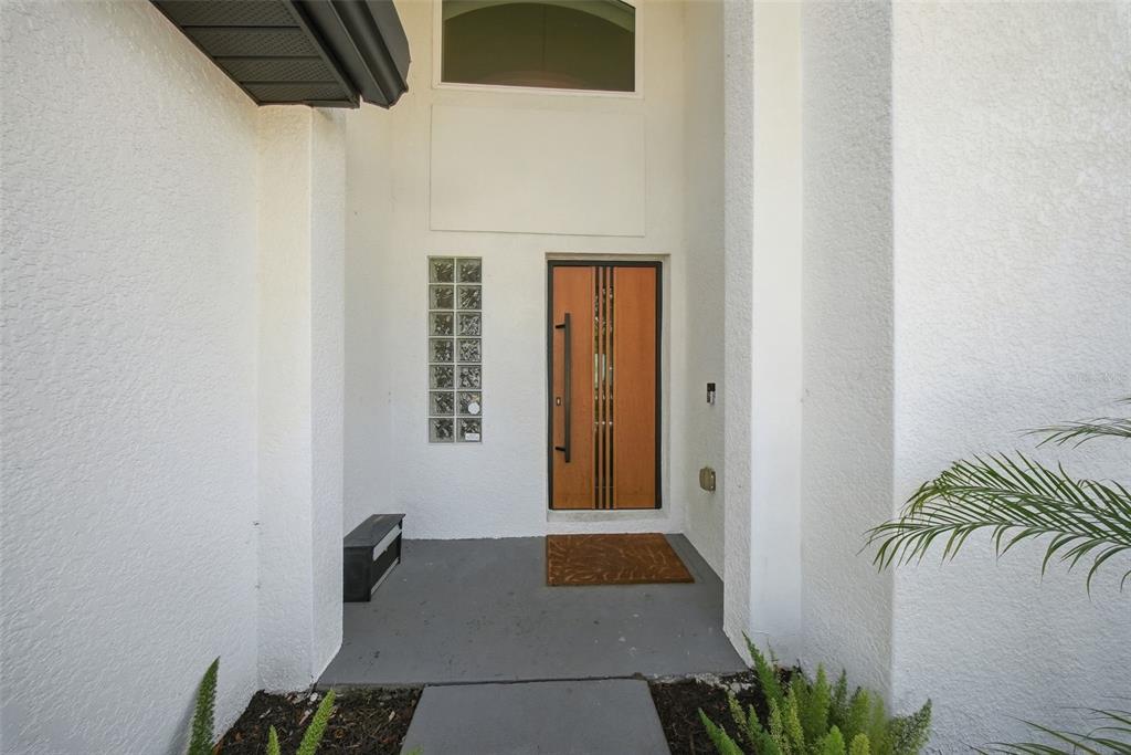 A modern wooden front door with glass accents sits in a white stucco entryway — 236 15TH AVENUE SE, ST PETERSBURG, FL