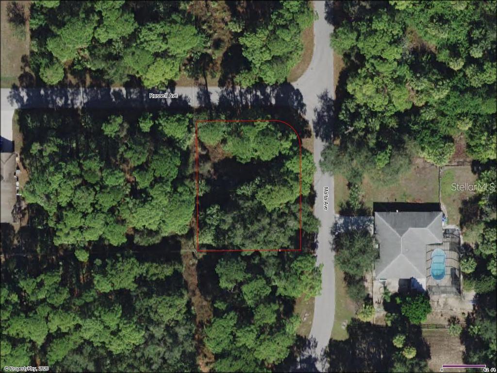 An aerial map shows a vacant, wooded corner lot outlined in red at a road intersection — 17247 RUSSELL AVENUE, PORT CHARLOTTE, FL