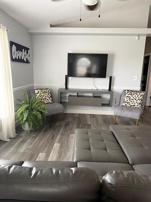 A living room features a wall-mounted television, gray furniture, and a large potted fern — 18561 3DR AVE, ORLANDO, FL