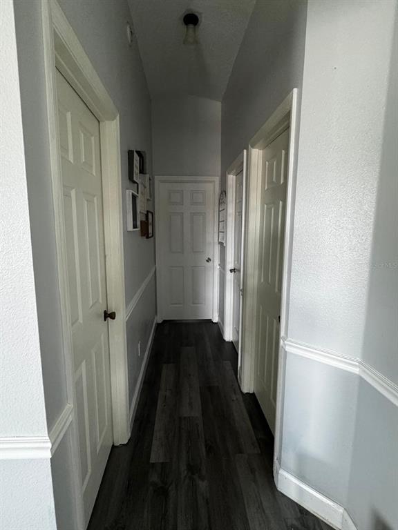 A hallway with light gray walls, white trim, and dark wood-look flooring features several doors — 18561 3DR AVE, ORLANDO, FL