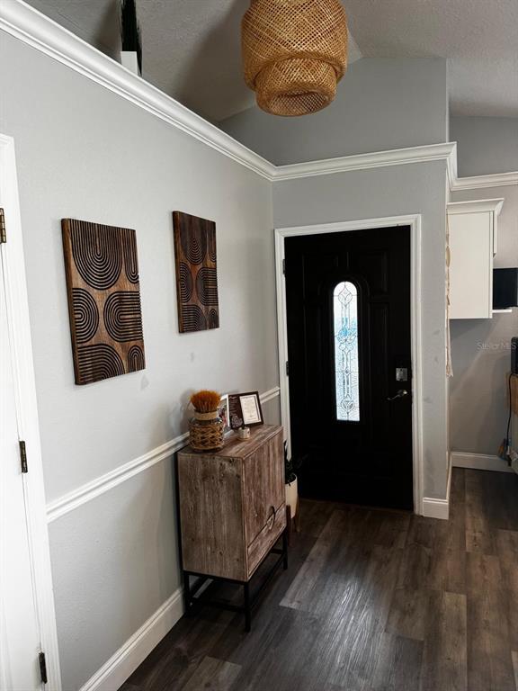 An entryway features gray walls, a black front door, wood-toned wall art, and a cabinet — 18561 3DR AVE, ORLANDO, FL