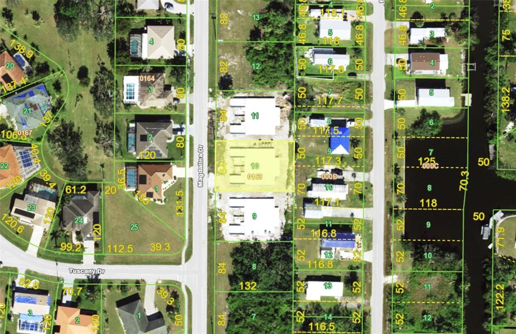 This is an aerial map showing residential property lot lines and dimensions — 2930 MAGDALINA DRIVE, PUNTA GORDA, FL