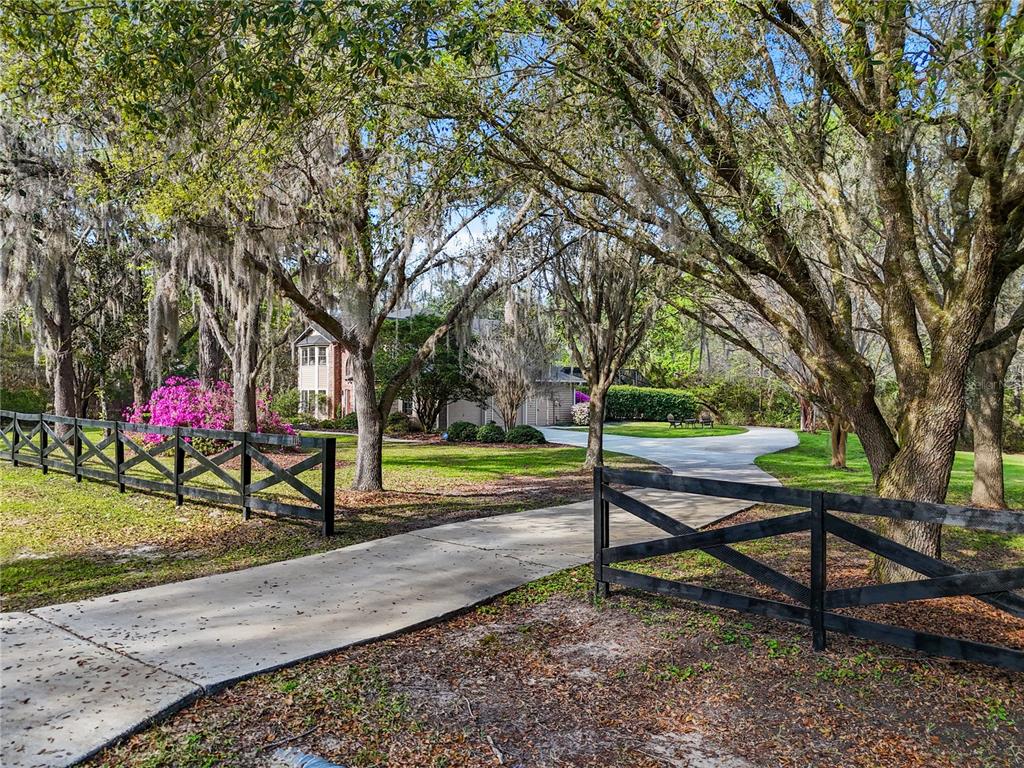 A concrete driveway leads past a black wooden fence toward a house shaded by trees — 1118 SW 112TH STREET, GAINESVILLE, FL