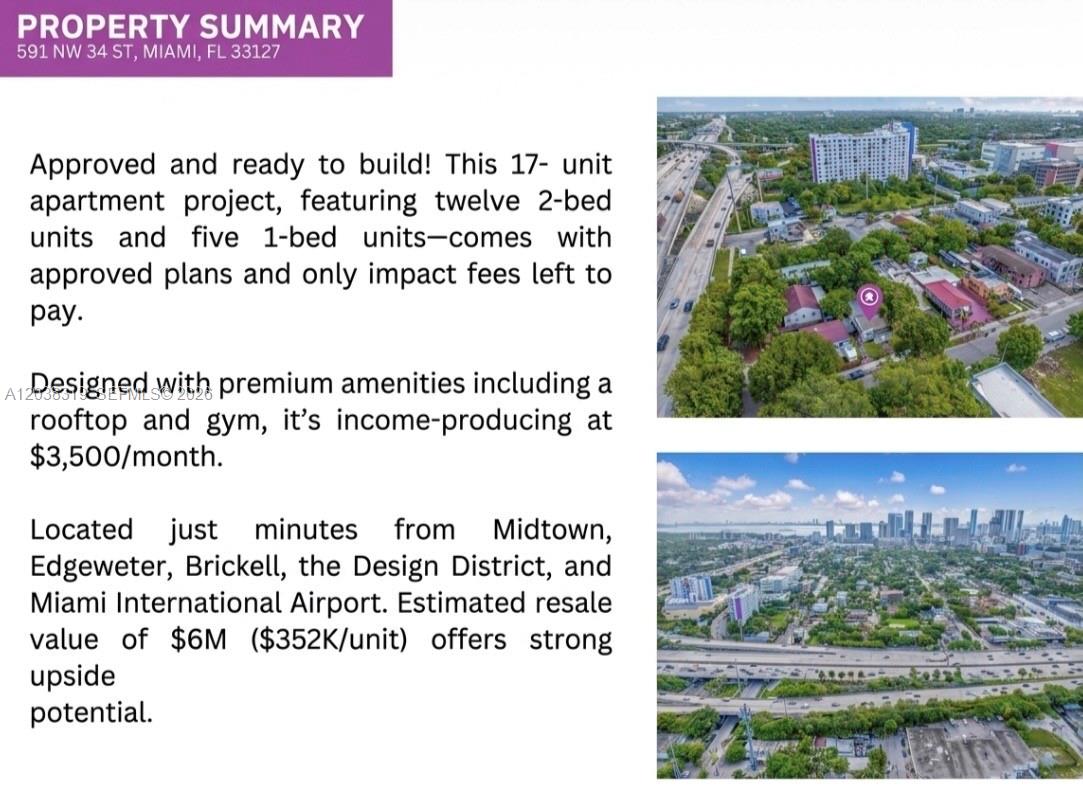 This image shows two aerial views of a property lot in a city — 591 NW 34th St, Miami FL 33127, MIAMI, FL