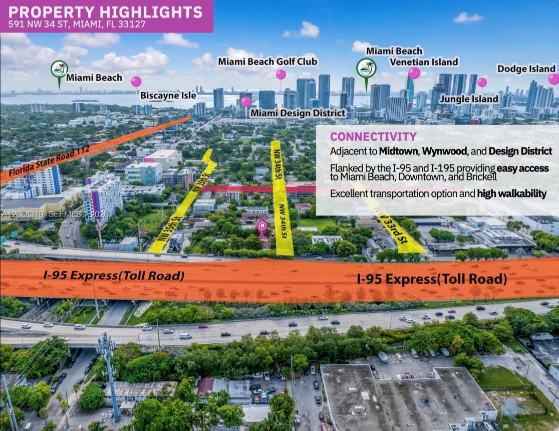 An aerial map highlights a property location near I-95 in Miami with surrounding city landmarks — 591 NW 34th St, Miami FL 33127, MIAMI, FL
