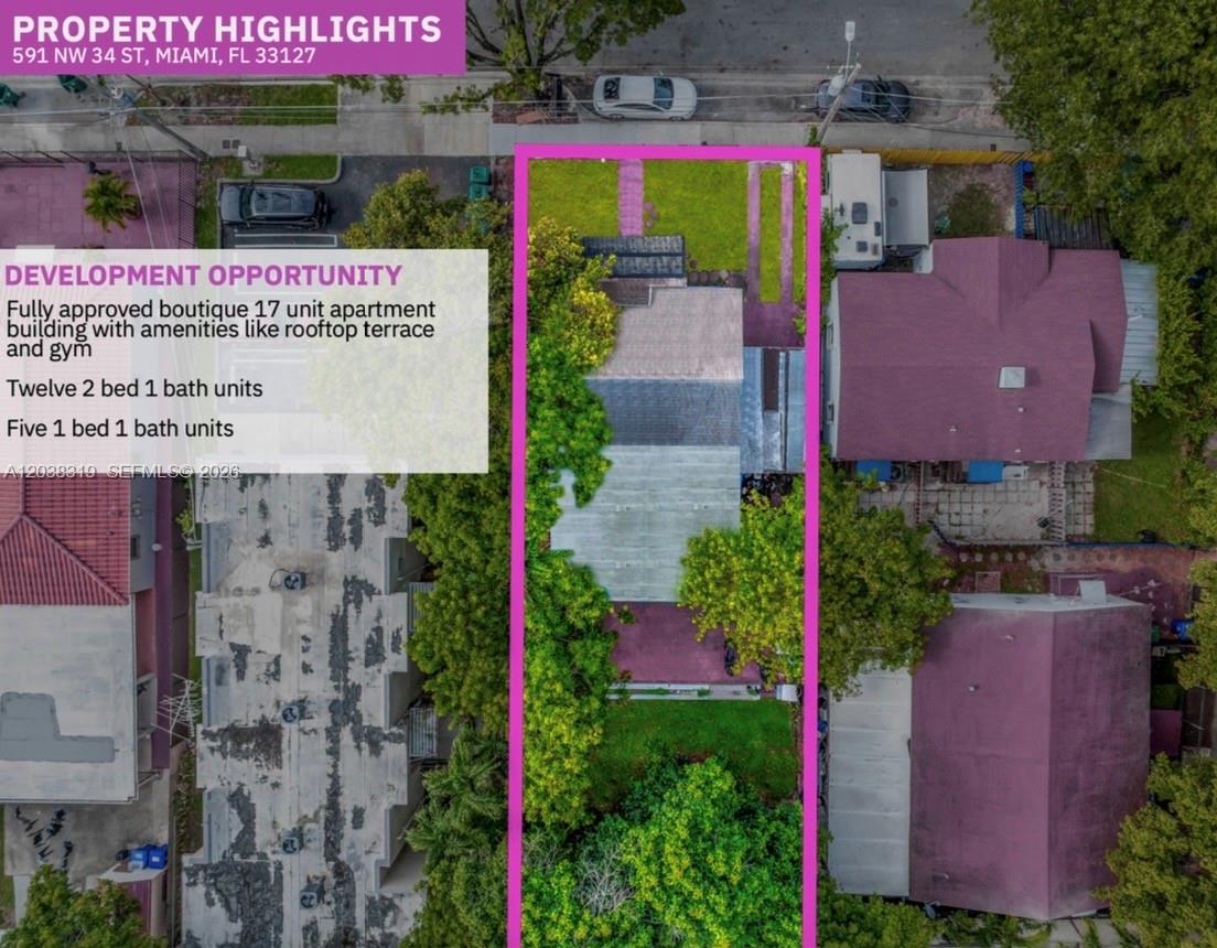 An aerial view shows a rectangular lot with an existing house and surrounding residential properties — 591 NW 34th St, Miami FL 33127, MIAMI, FL