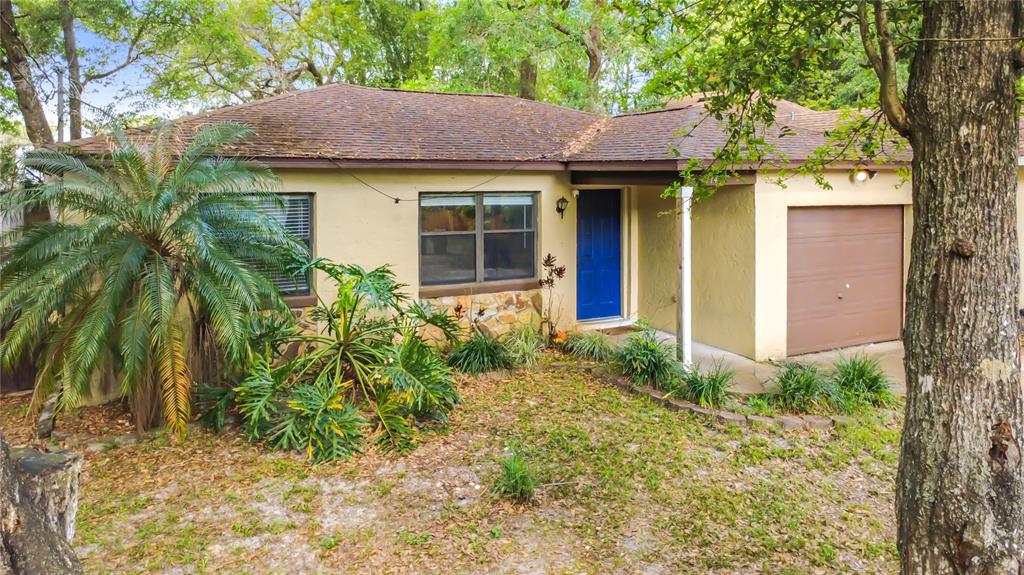 A single-story house with a blue front door, a brown garage door, and landscaping — 31427 GHENT AVENUE, MOUNT PLYMOUTH, FL