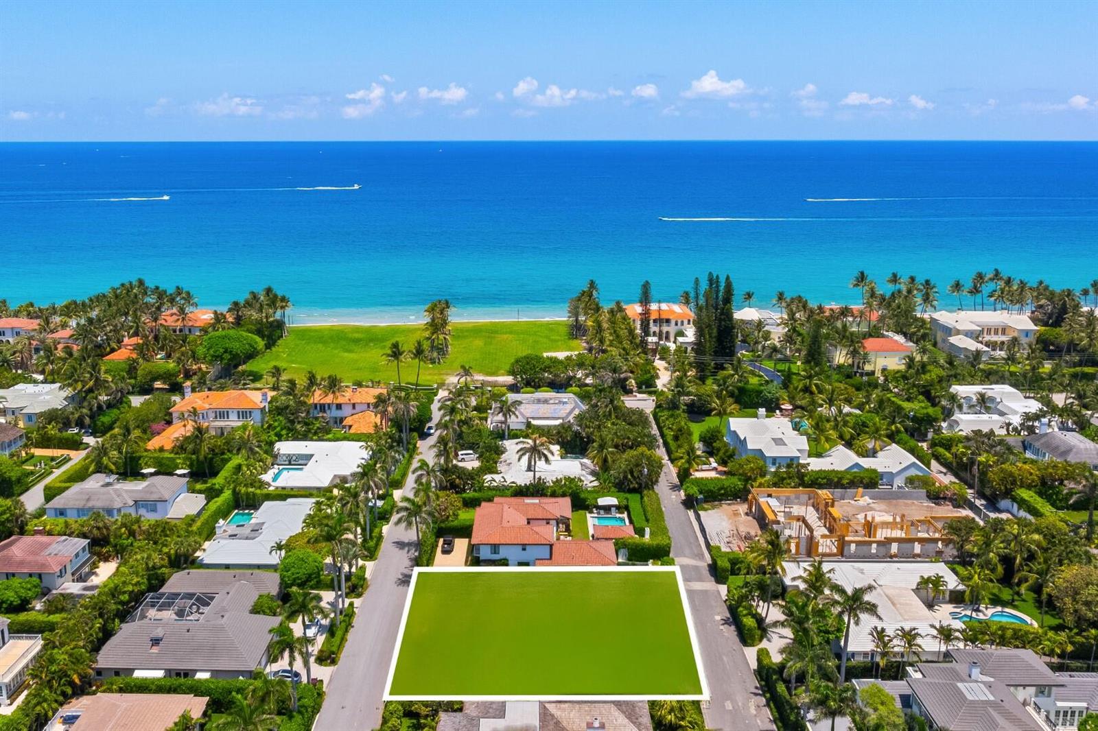 An aerial view shows a vacant rectangular lot surrounded by residential homes near the ocean — 226 List Road, Palm Beach FL 33480, PALM BEACH, FL