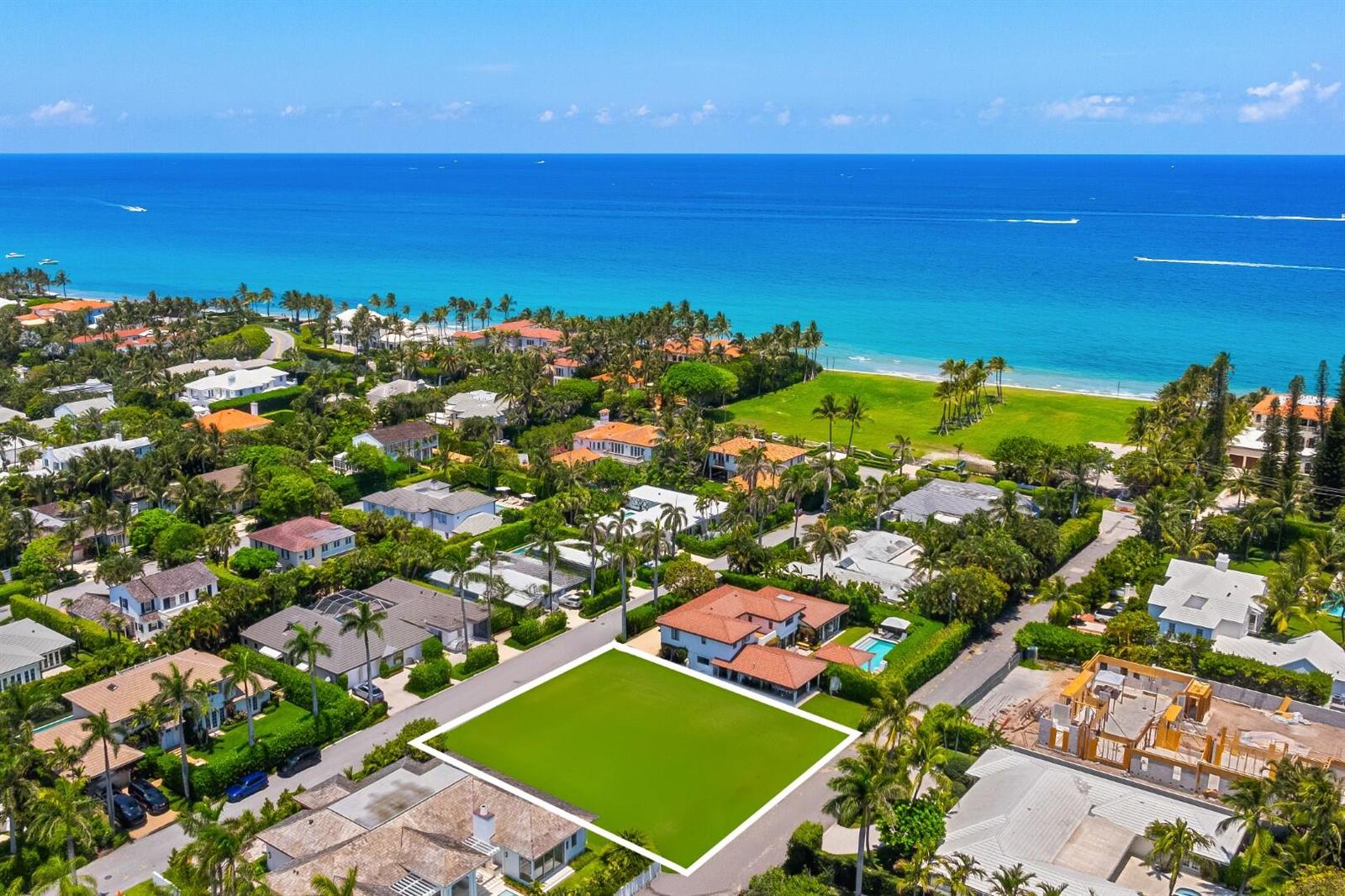 An aerial view of a vacant rectangular grass lot next to a house near the ocean — 226 List Road, Palm Beach FL 33480, PALM BEACH, FL