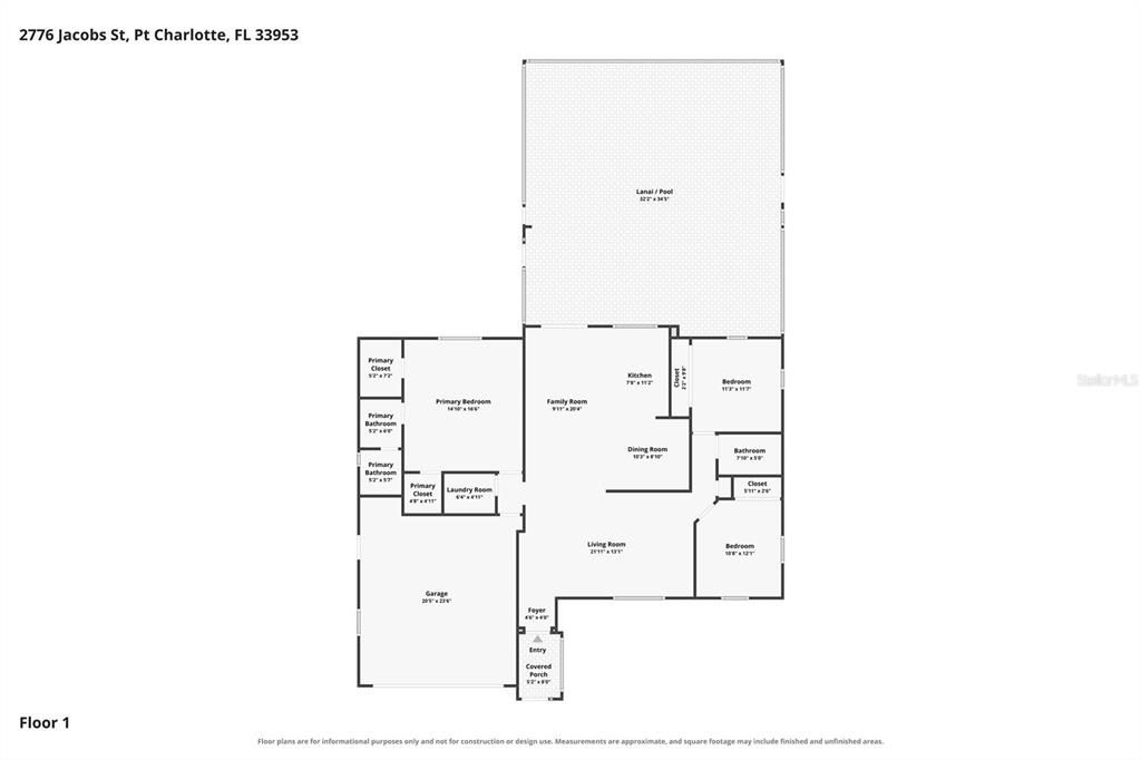 This is a floor plan for a single-story house with a garage and a lanai — 2776 JACOBS STREET, PORT CHARLOTTE, FL