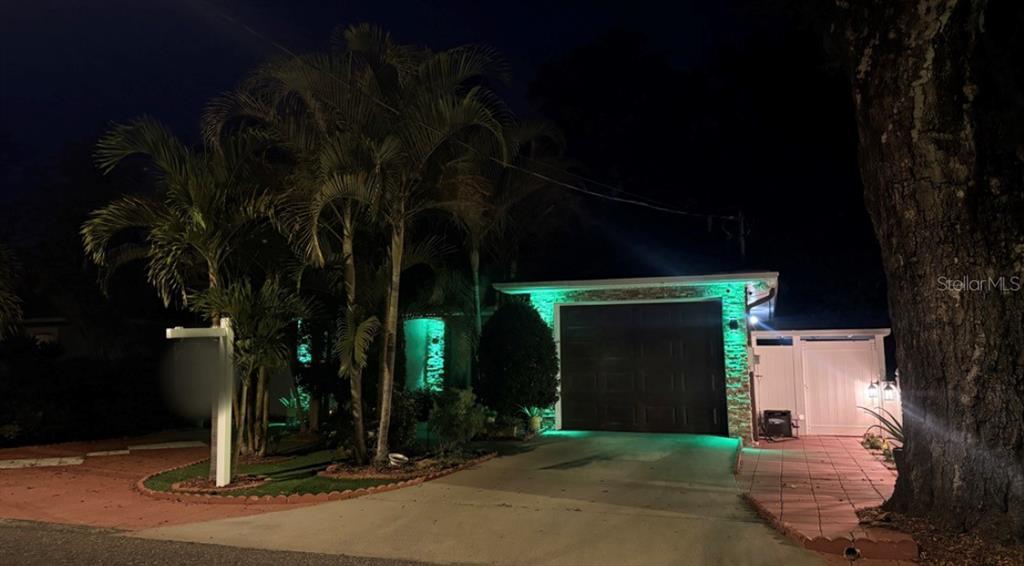 A house exterior at night featuring a garage with green accent lighting and palm trees — 3306 E CHELSEA STREET, TAMPA, FL