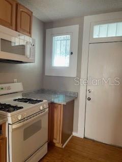 A kitchen features a white stove, a microwave, wooden cabinets, and a door — 912 E SAINT CLAIR STREET, TAMPA, FL