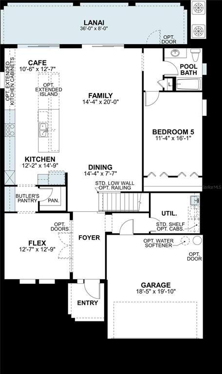 This is a floor plan of a single-story home featuring a kitchen, family room, and garage — 7783 PAINTED SKY PLACE, LAND O LAKES, FL