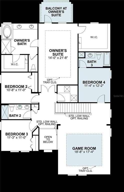 This floor plan shows the second level of a home with four bedrooms and a game room — 7783 PAINTED SKY PLACE, LAND O LAKES, FL