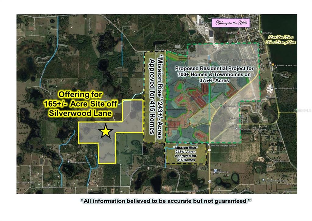 This aerial map displays land parcels for sale alongside proposed residential development sites — 0000 SILVERWOOD LANE, HOWEY IN THE HILLS, FL