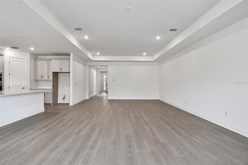 An open-concept living area features light wood-look flooring, white walls, and a tray ceiling — 3673 3673 142ND TER E, PARRISH, FL