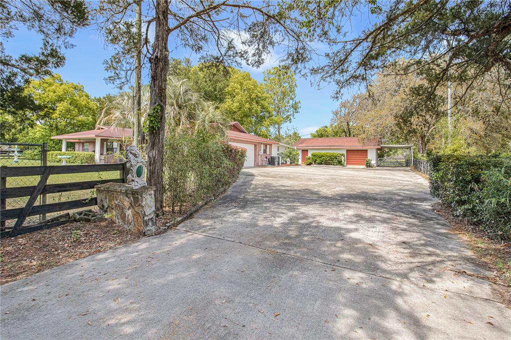 A concrete driveway leads to a house and a detached garage on a tree-lined lot — 8225 E HIGHWAY 25, BELLEVIEW, FL