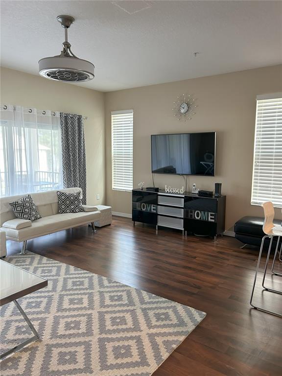 A living room features a white sofa, a black media console, and a patterned rug — 844 CALLISTA CAY LOOP, TARPON SPRINGS, FL