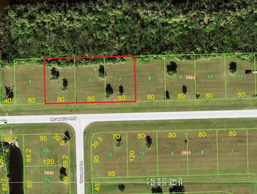 This is an aerial map showing residential land parcels along Acapulco Road — 16963 ACAPULCO ROAD, PUNTA GORDA, FL
