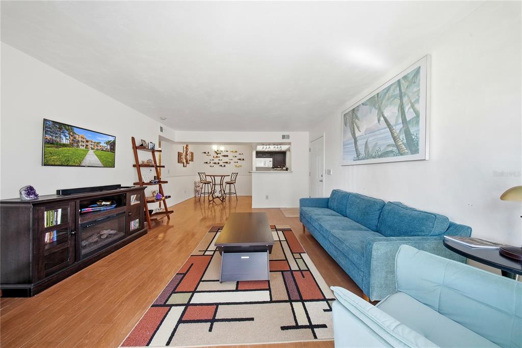 A living room features a blue sofa, a geometric rug, and a dark wood media console — 10200 N GANDY BOULEVARD UNIT 714, ST PETERSBURG, FL