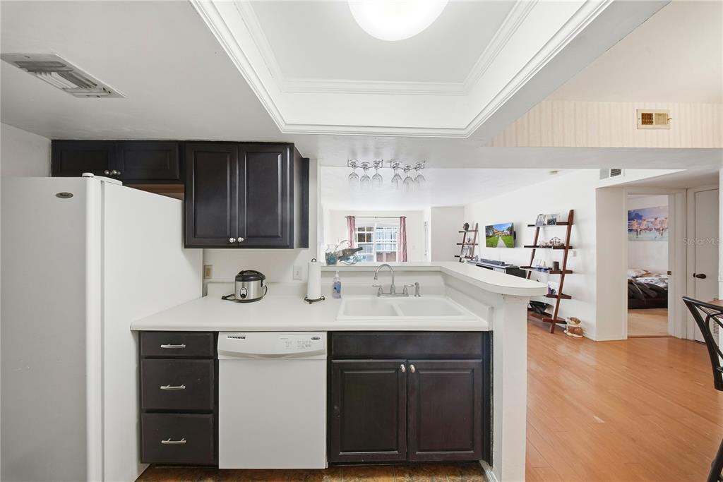 A kitchen with dark cabinets, white countertops, and a dishwasher overlooks a living area — 10200 N GANDY BOULEVARD UNIT 714, ST PETERSBURG, FL