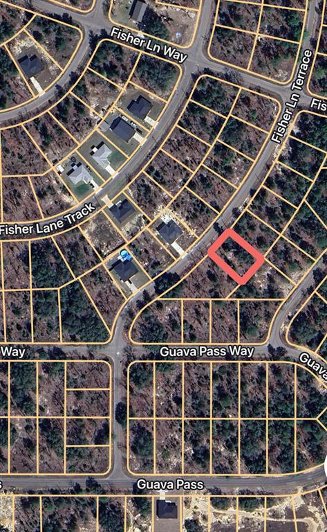 This is an aerial map view of a vacant residential lot highlighted in red — FISHER LANE TERRACE UNIT 6, OCKLAWAHA, FL