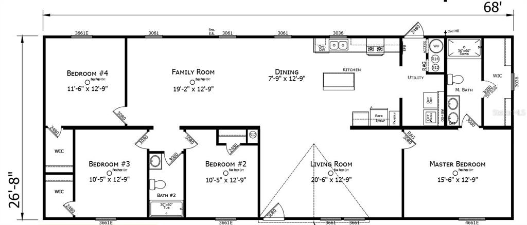 This is a floor plan for a four-bedroom, two-bathroom home with an open living area — 8457 N CAROUSEL TERRACE, CRYSTAL RIVER, FL