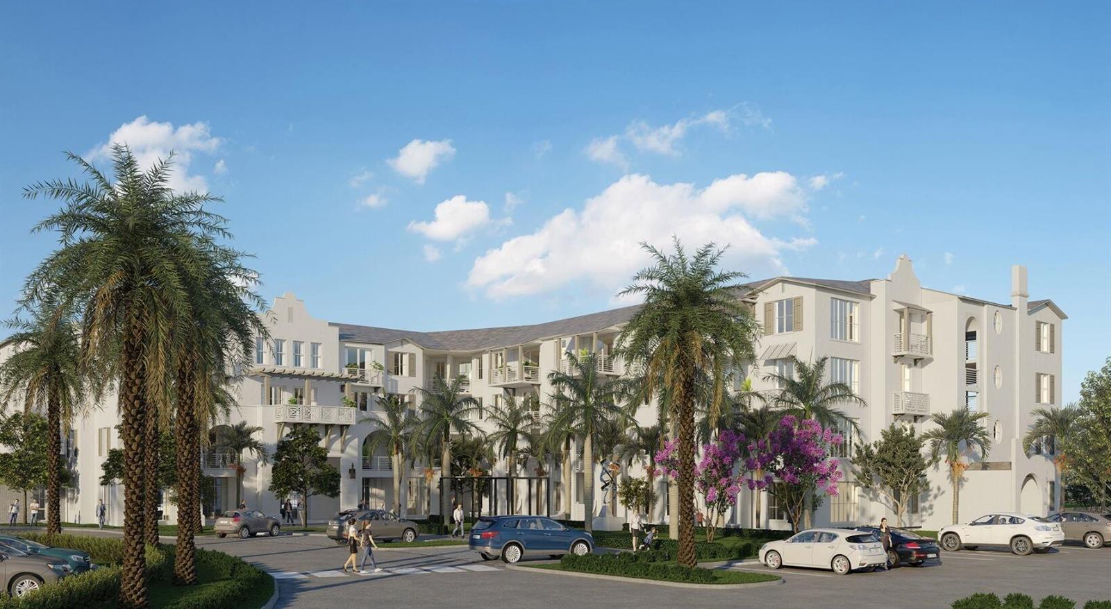 This is a digital rendering of a multi-story apartment building with palm trees and parking — 8053 W Oakland Park Boulevard # 202, Sunrise FL 33351, SUNRISE, FL
