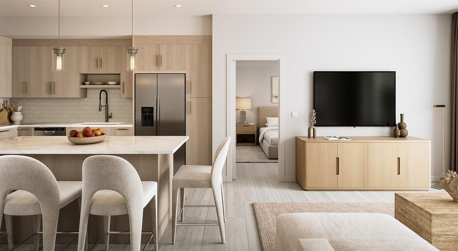 This rendering shows a modern kitchen with light wood cabinetry and an island with seating — 8053 W Oakland Park Boulevard # 202, Sunrise FL 33351, SUNRISE, FL