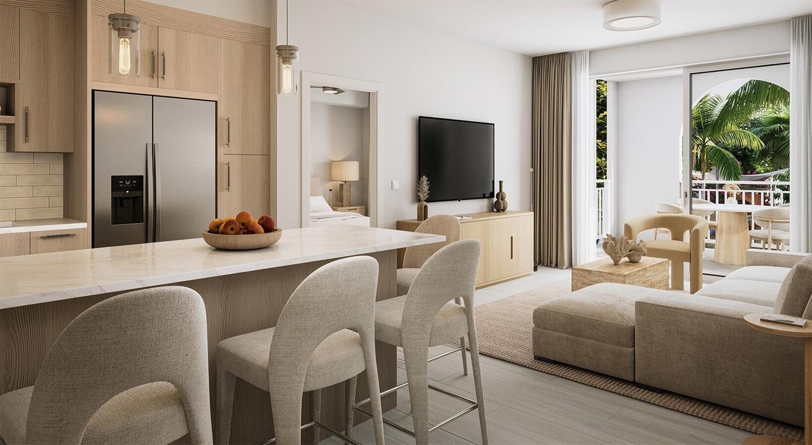 This rendering shows a modern open-concept kitchen and living area with light wood cabinetry — 8053 W Oakland Park Boulevard # 202, Sunrise FL 33351, SUNRISE, FL