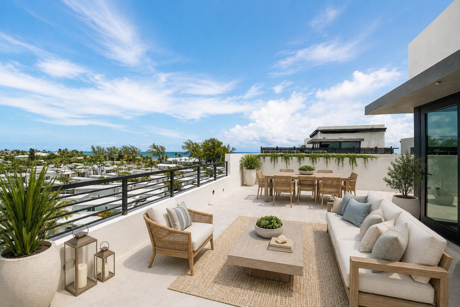 A modern rooftop terrace features outdoor seating, a dining area, and views of the ocean — 11505 Old Ocean Boulevard, Ocean Ridge FL 33435, OCEAN RIDGE, FL