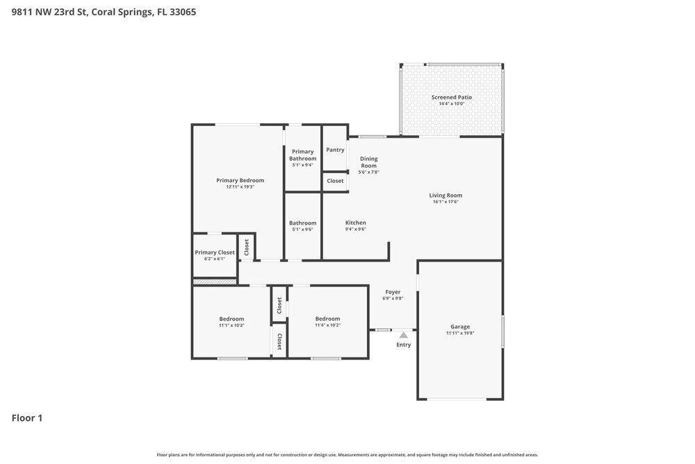 This is a floor plan for a single-story residential home with three bedrooms and a garage — CORAL SPRINGS, FL