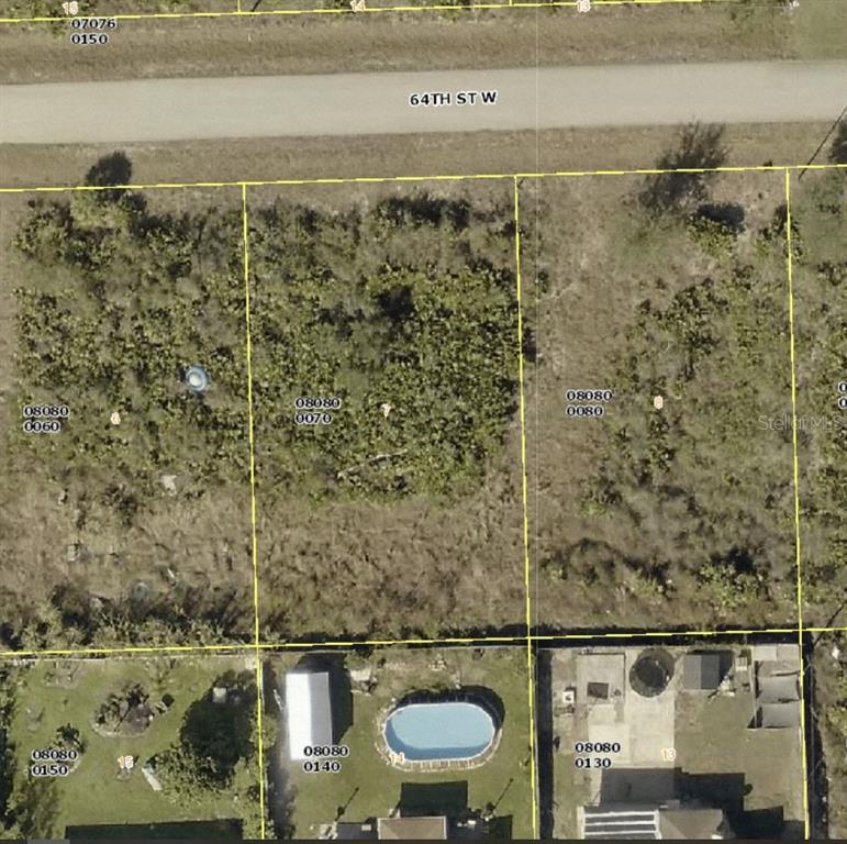 This aerial map shows three vacant residential lots situated along 64th St W — 2707 64TH STREET W, LEHIGH ACRES, FL