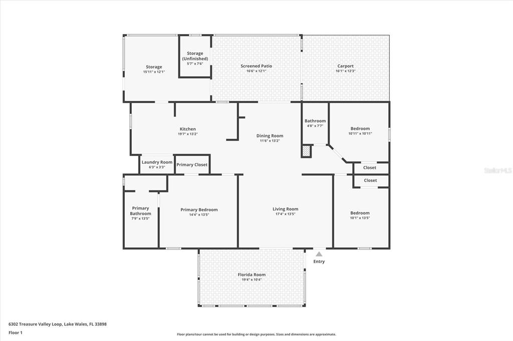 This is a floor plan for a single-story house with three bedrooms and a carport — 6302 TREASURE VALLEY LOOP, LAKE WALES, FL